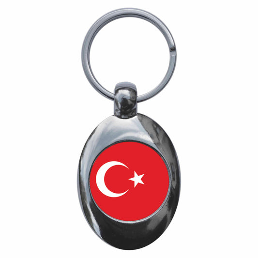 A picture of the front of the product, titled Turkey Turkish National Flag Metal Keyring With Trolley Coin