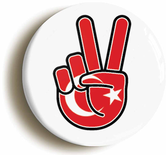 A picture of the front of the product, titled Turkey Turkish National Flag Peace Sign V Button Pin Badge