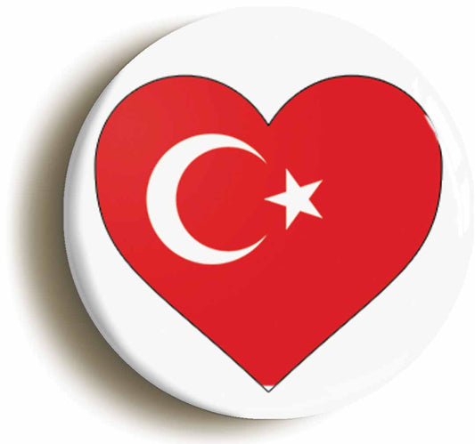 A picture of the front of the product, titled Turkey Turkish Flag Heart Button Pin Badge