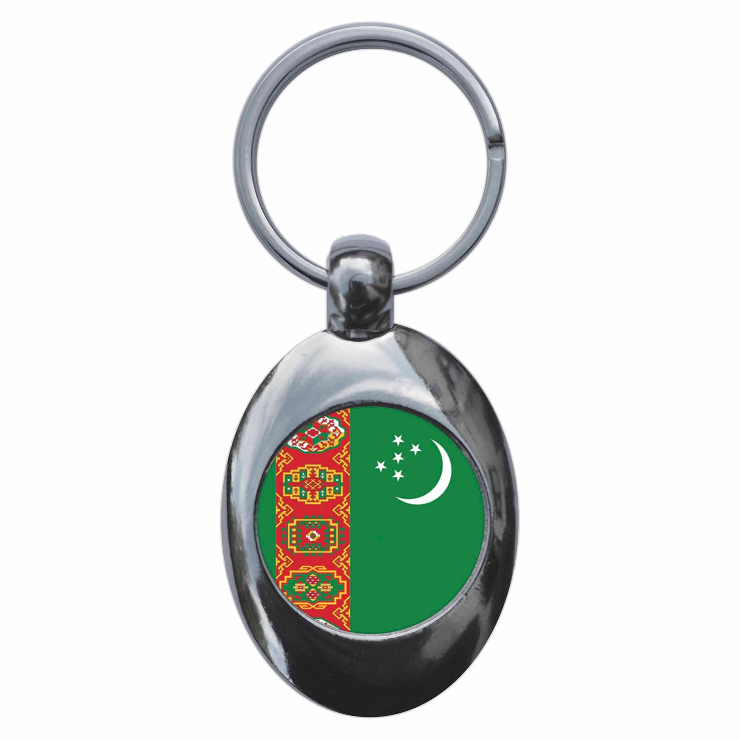 A picture of the front of the product, titled Turkmenistan National Flag Metal Keyring With Trolley Coin