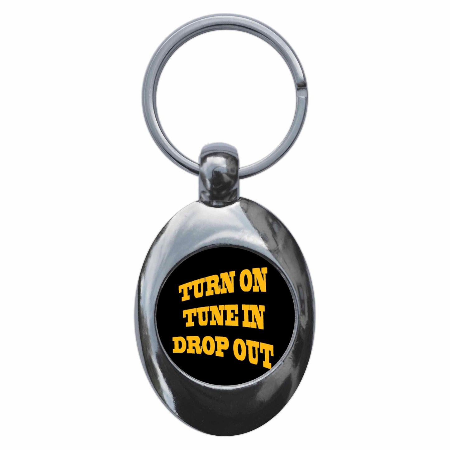A picture of the front of the product, titled Turn On Tune In Drop Out Metal Keyring With Trolley Coin