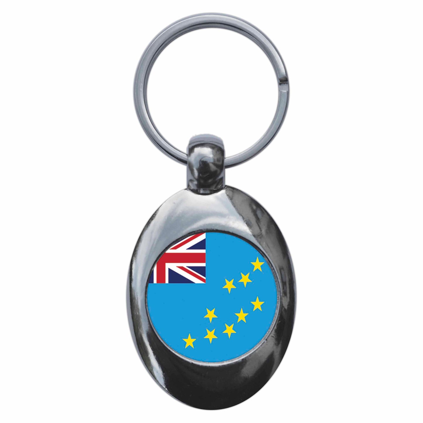 A picture of the front of the product, titled Tuvalu National Flag Metal Keyring With Trolley Coin