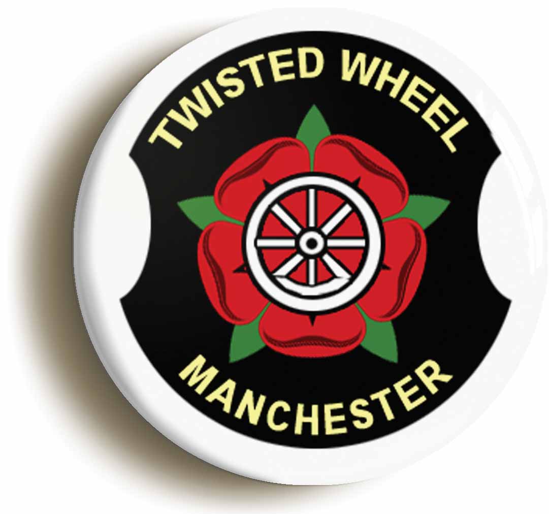 A picture of the front of the product, titled Northern Soul Twisted Wheel Manchester Button Pin Badge