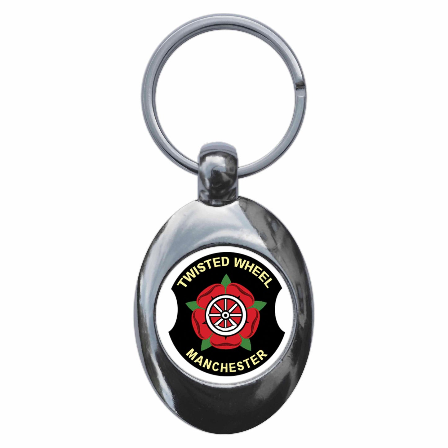 A picture of the front of the product, titled Northern Soul Twisted Wheel Manchester Metal Keyring With Trolley Coin