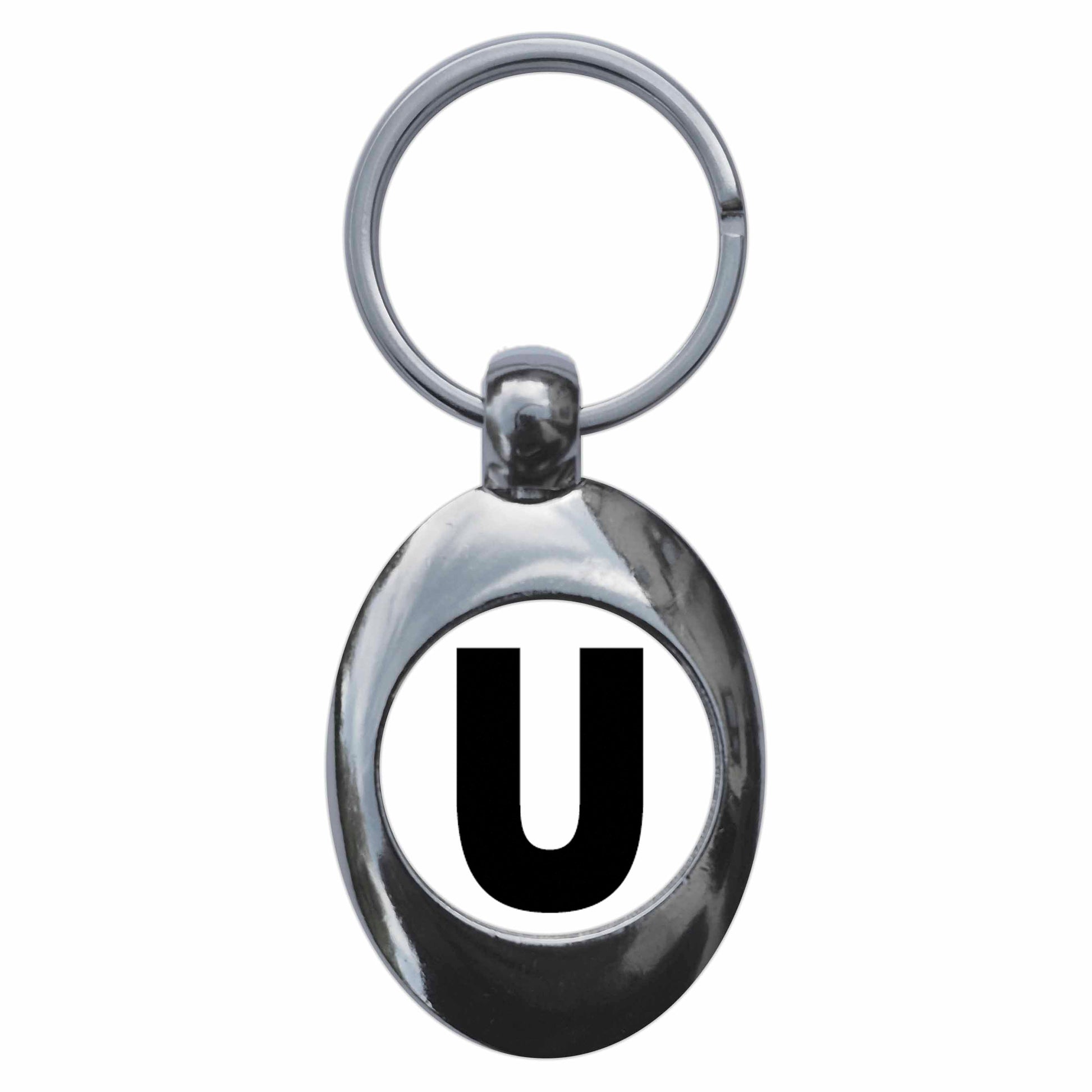 A picture of the front of the product, titled Letter U Metal Keyring With Trolley Coin