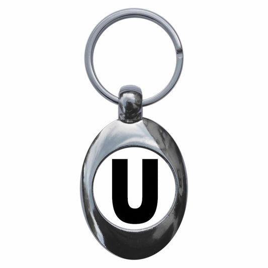 A picture of the front of the product, titled Letter U Metal Keyring With Trolley Coin