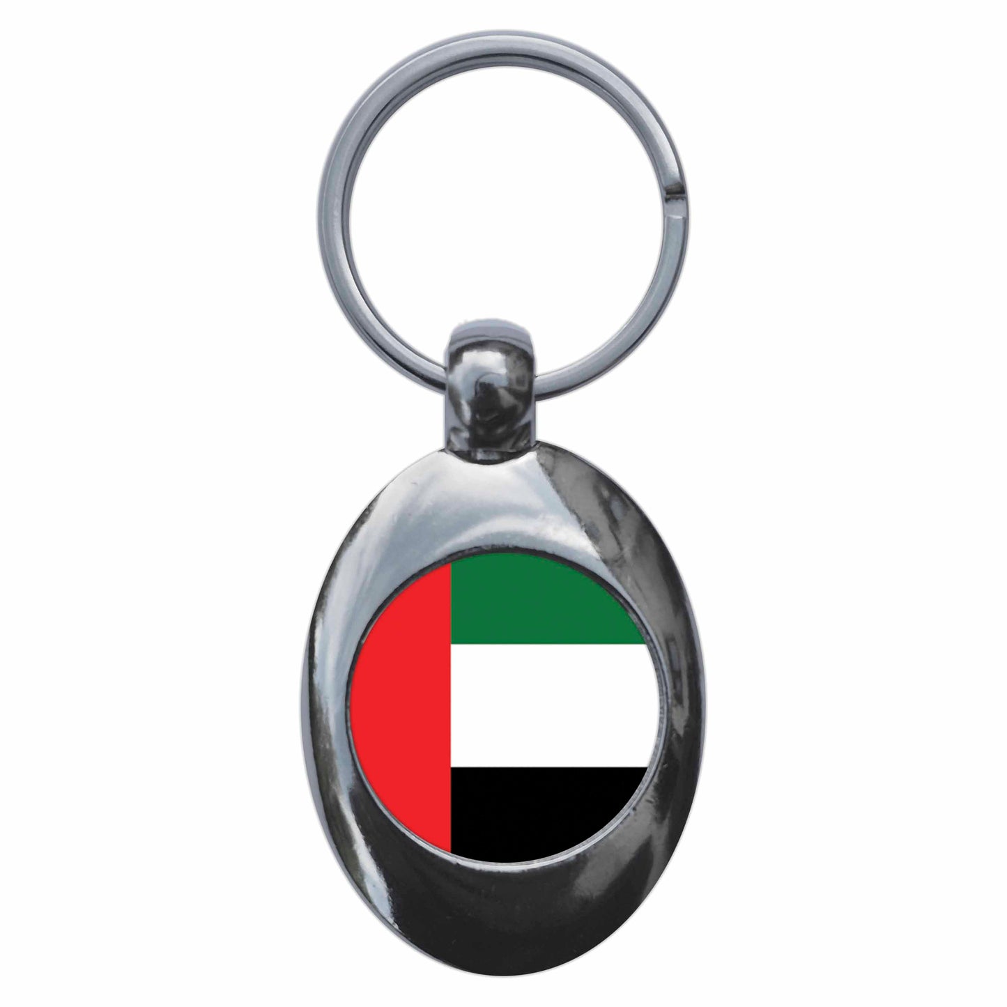 A picture of the front of the product, titled United Arab Emirates UAE National Flag Metal Keyring With Trolley Coin