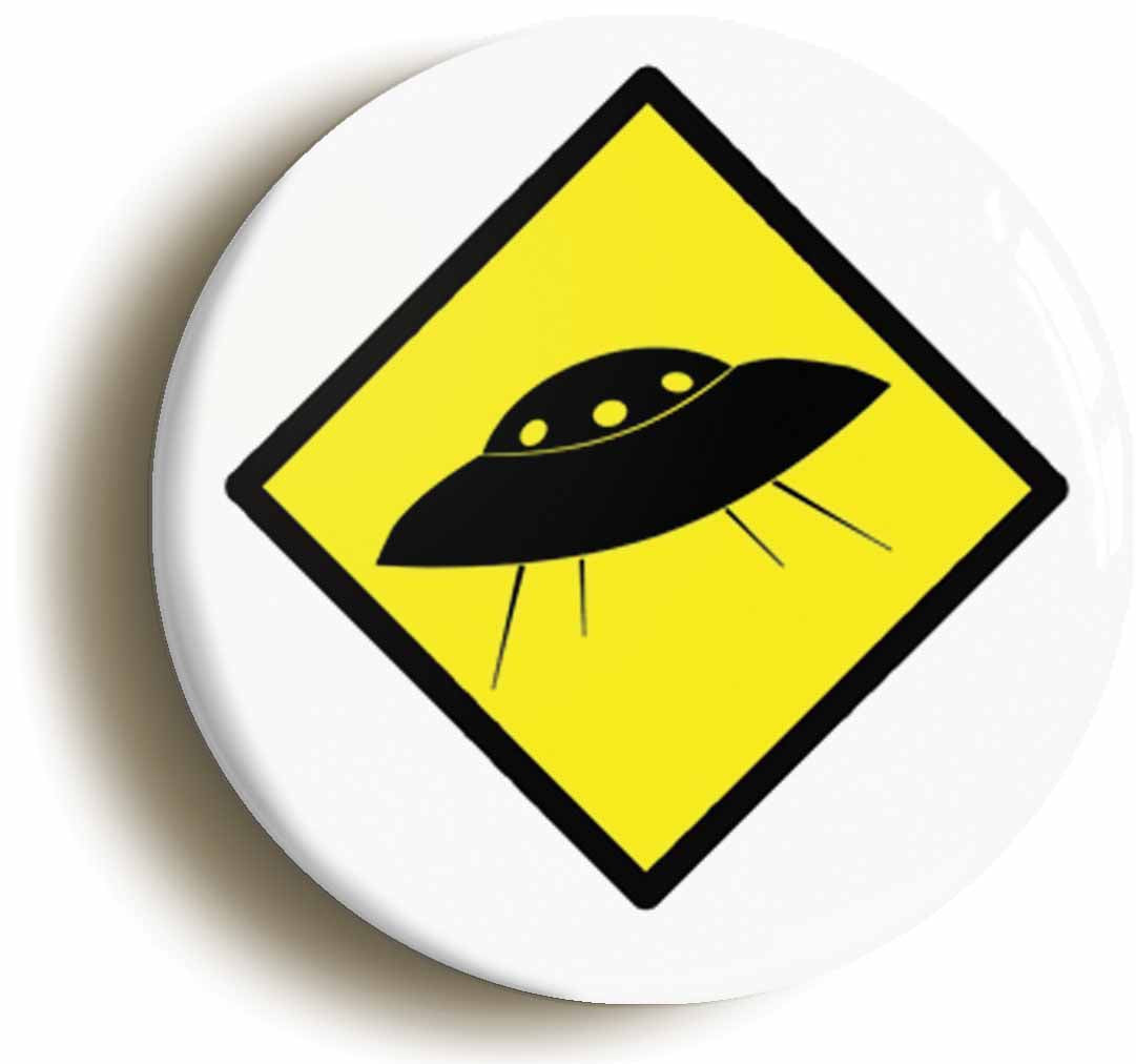 A picture of the front of the product, titled UFO Hazard Sign Circular 50mm Fridge Magnet