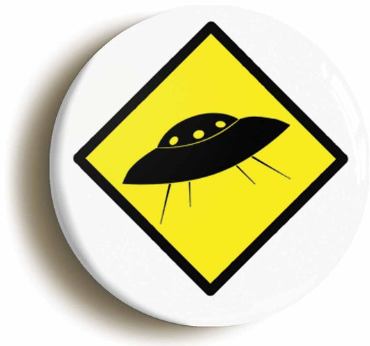 A picture of the front of the product, titled UFO Hazard Sign Circular 50mm Fridge Magnet