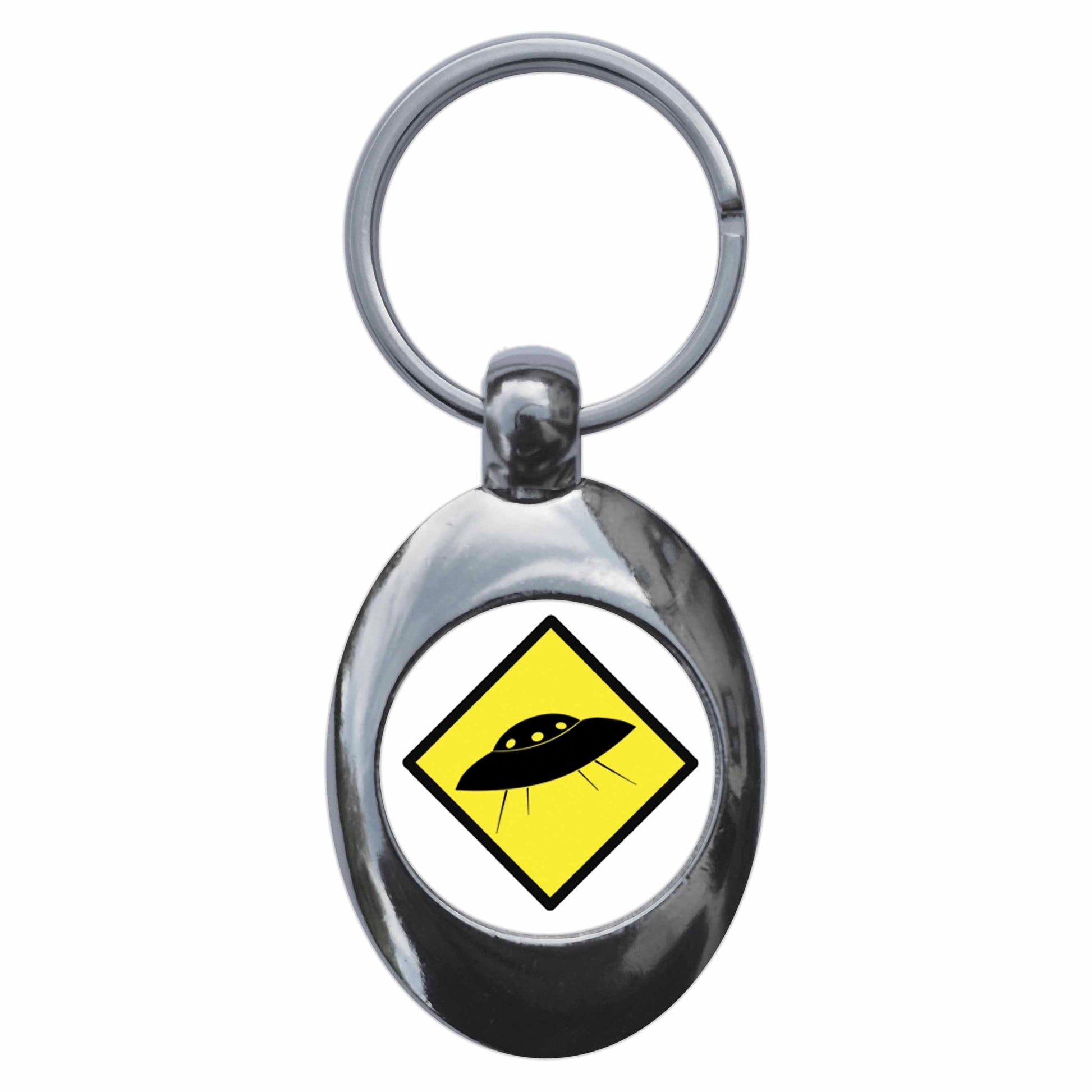 A picture of the front of the product, titled UFO Hazard Sign Metal Keyring With Trolley Coin