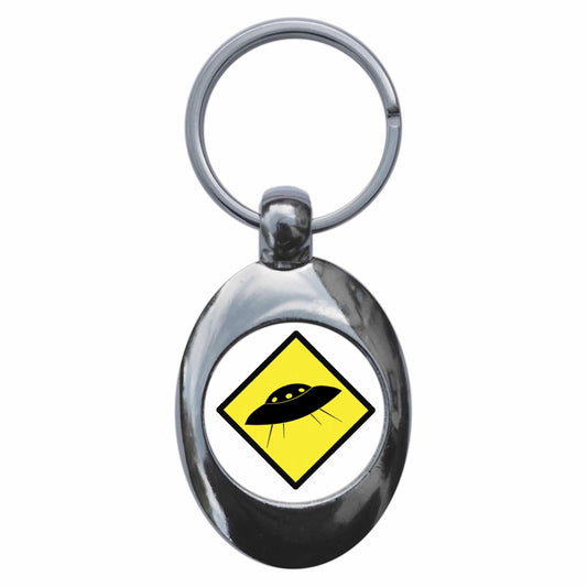 A picture of the front of the product, titled UFO Hazard Sign Metal Keyring With Trolley Coin