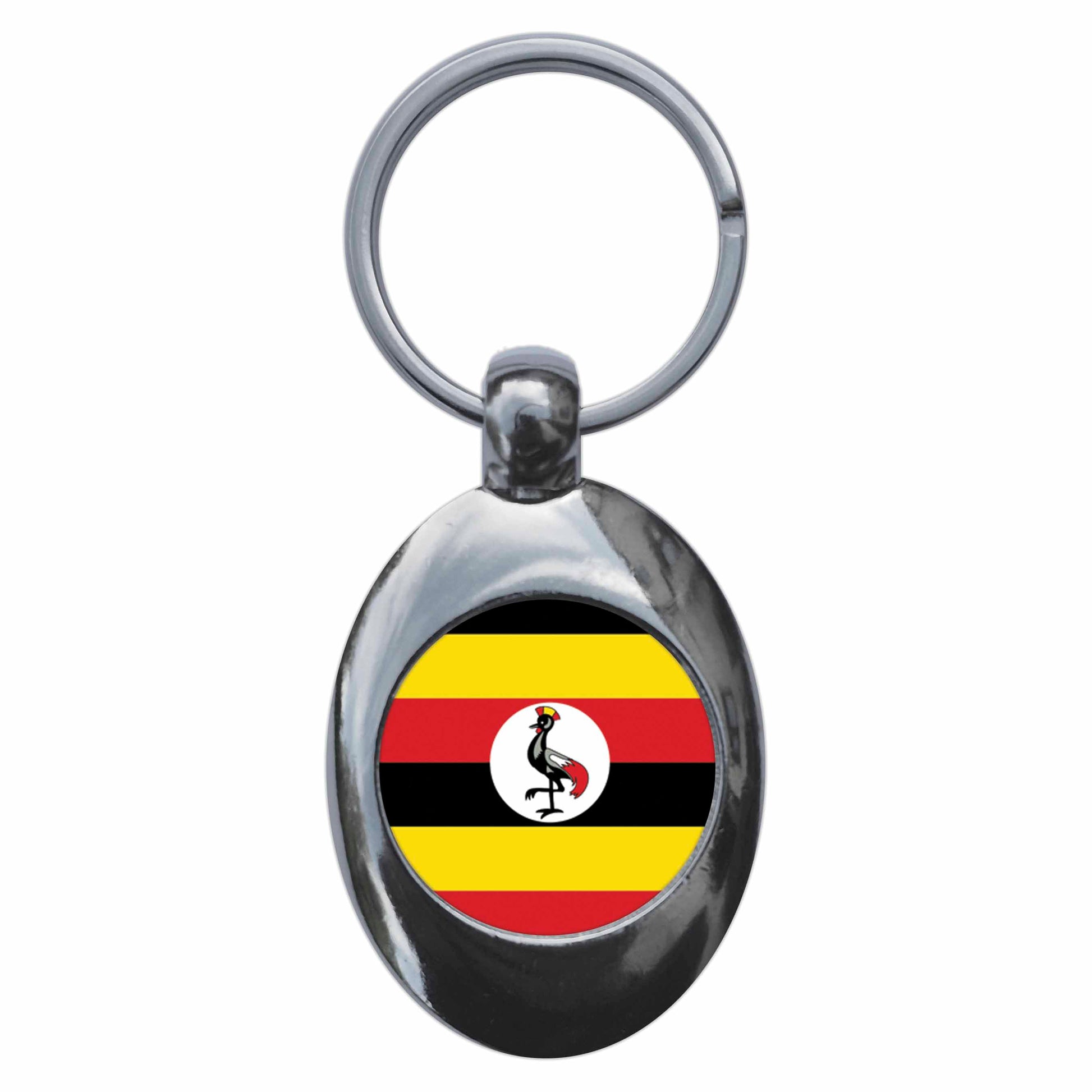A picture of the front of the product, titled Uganda Ugandan National Flag Metal Keyring With Trolley Coin
