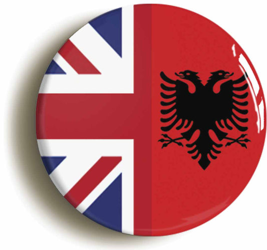 A picture of the front of the product, titled Albania United Kingdom Split Flag Circular 50mm Fridge Magnet