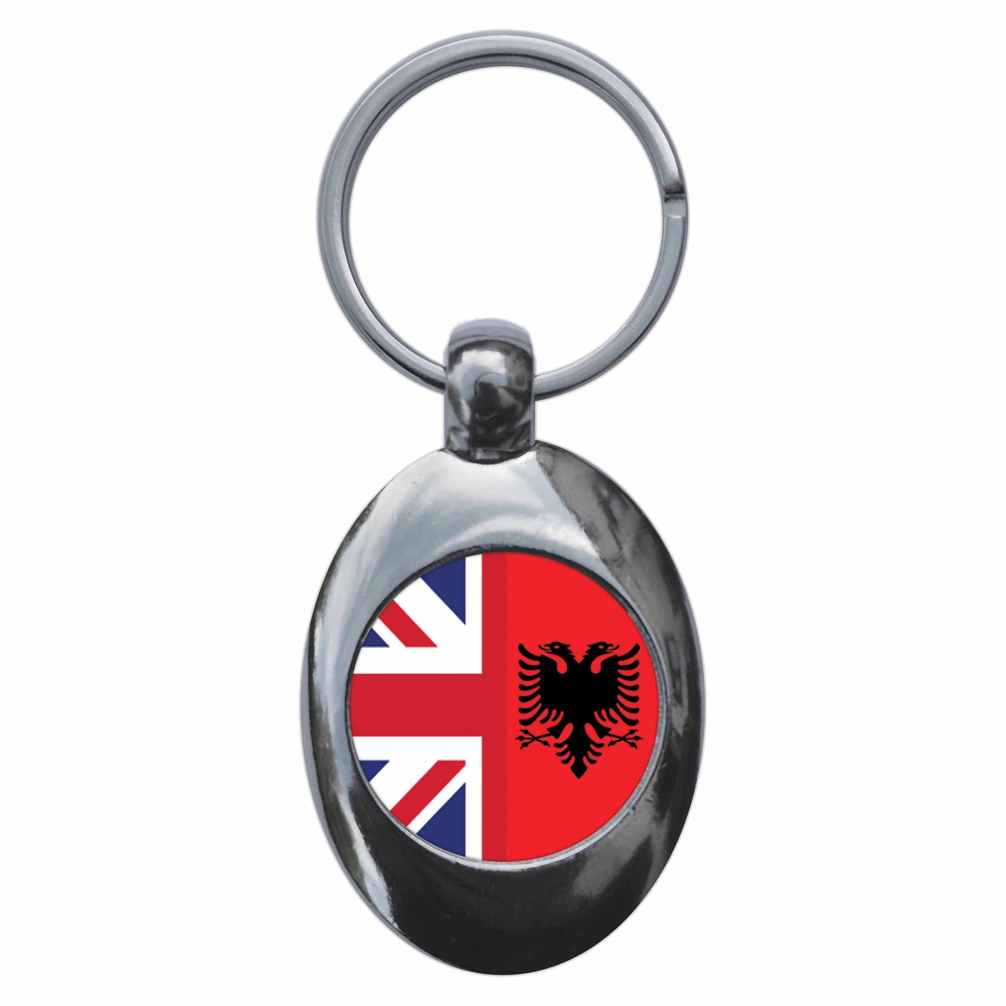 A picture of the front of the product, titled Albania United Kingdom Split Flag Metal Keyring With Trolley Coin