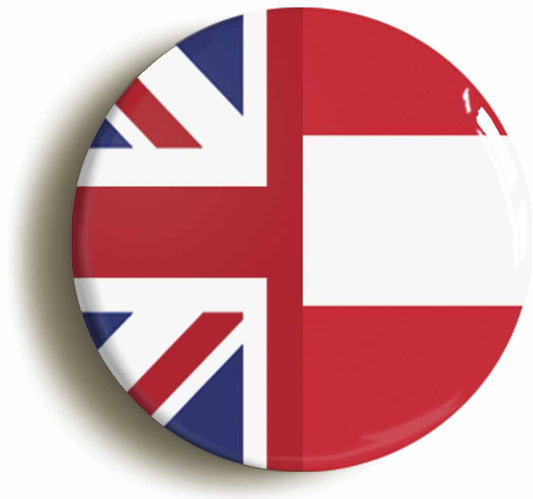 A picture of the front of the product, titled Austria United Kingdom Split Flag Button Pin Badge