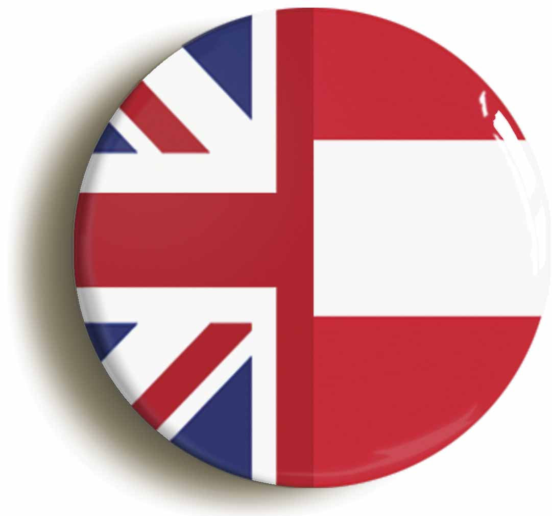 A picture of the front of the product, titled Austria United Kingdom Split Flag Circular 50mm Fridge Magnet