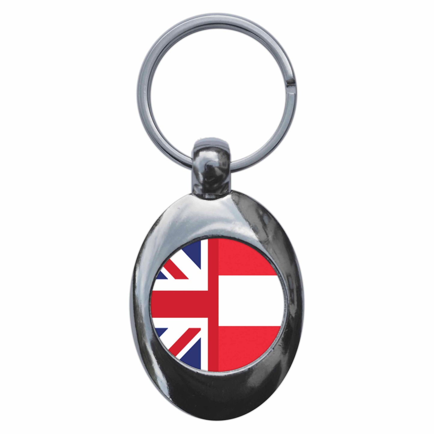 A picture of the front of the product, titled Austria United Kingdom Split Flag Metal Keyring With Trolley Coin