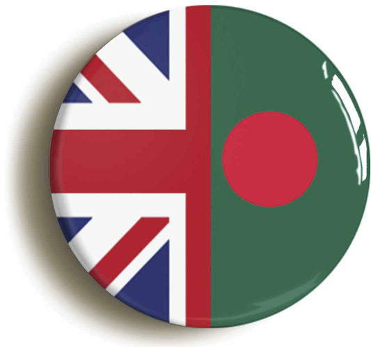 A picture of the front of the product, titled Bangladesh United Kingdom Split Flag Button Pin Badge