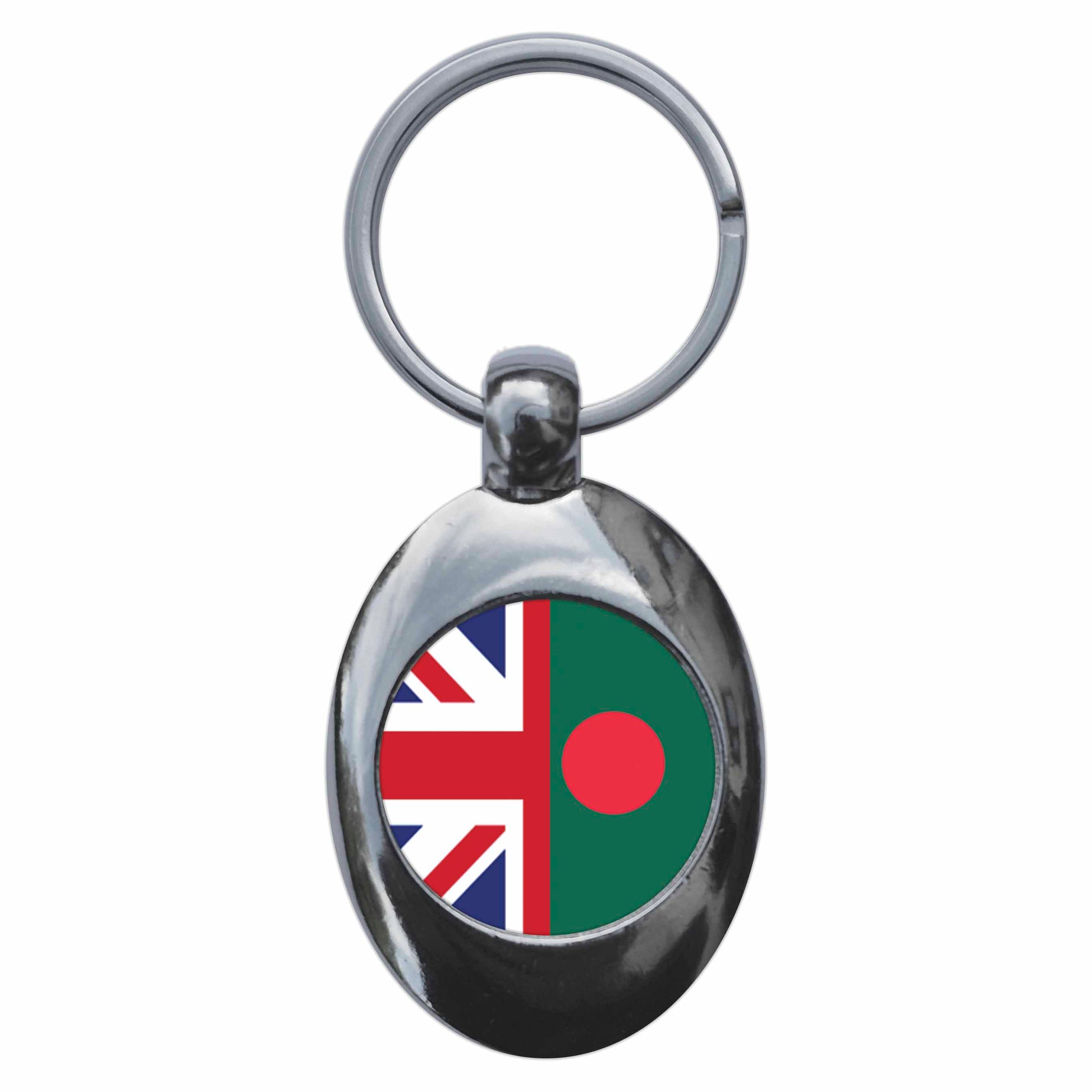 A picture of the front of the product, titled Bangladesh United Kingdom Split Flag Metal Keyring With Trolley Coin