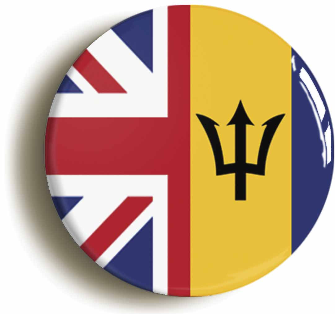 A picture of the front of the product, titled Barbados United Kingdom Split Flag Button Pin Badge