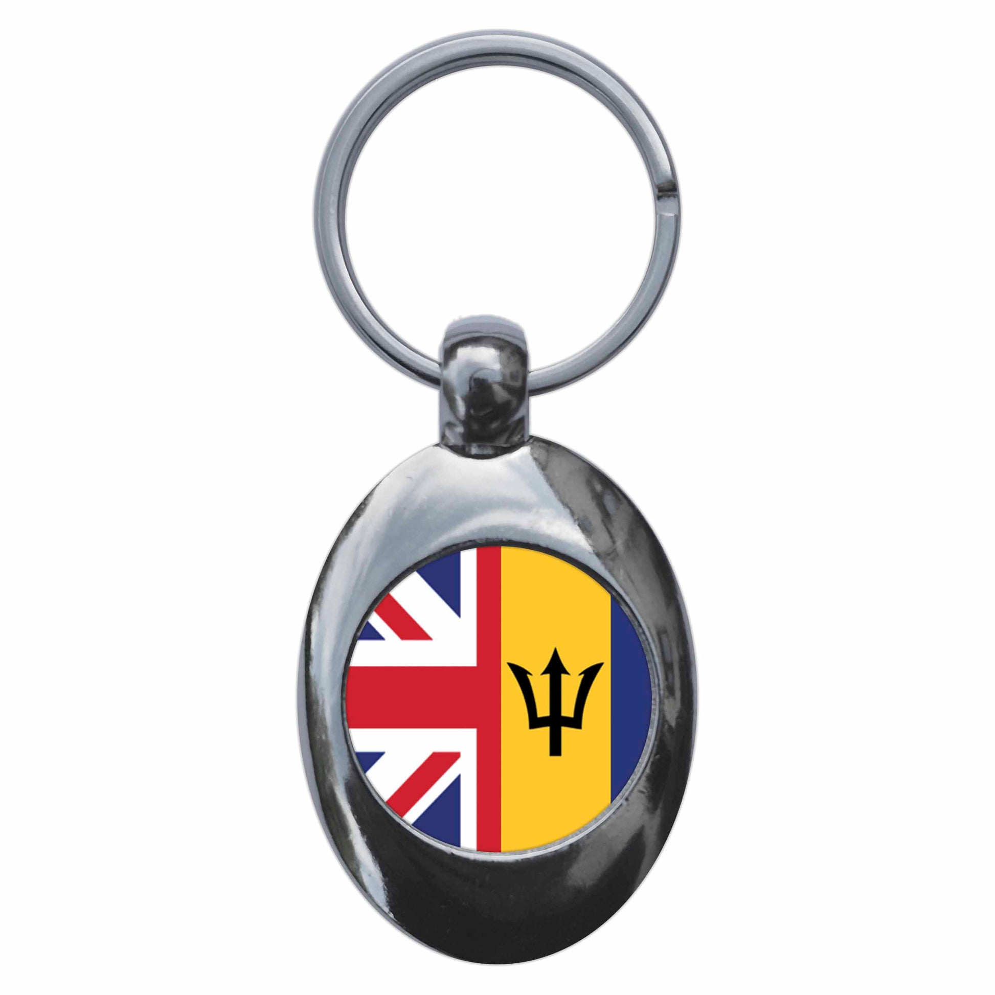 A picture of the front of the product, titled Barbados United Kingdom Split Flag Metal Keyring With Trolley Coin