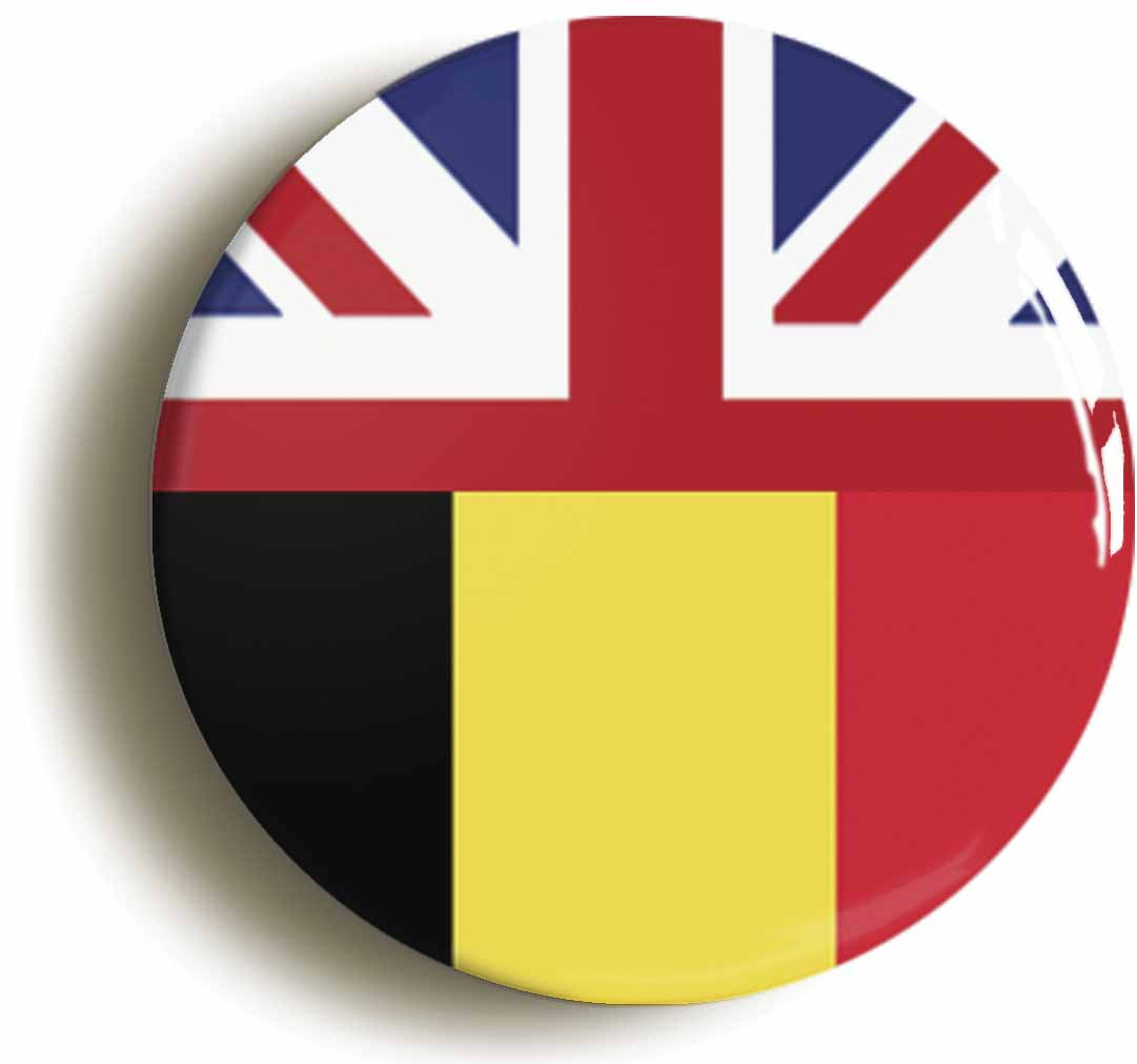 A picture of the front of the product, titled Belgium United Kingdom Split Flag Circular 50mm Fridge Magnet