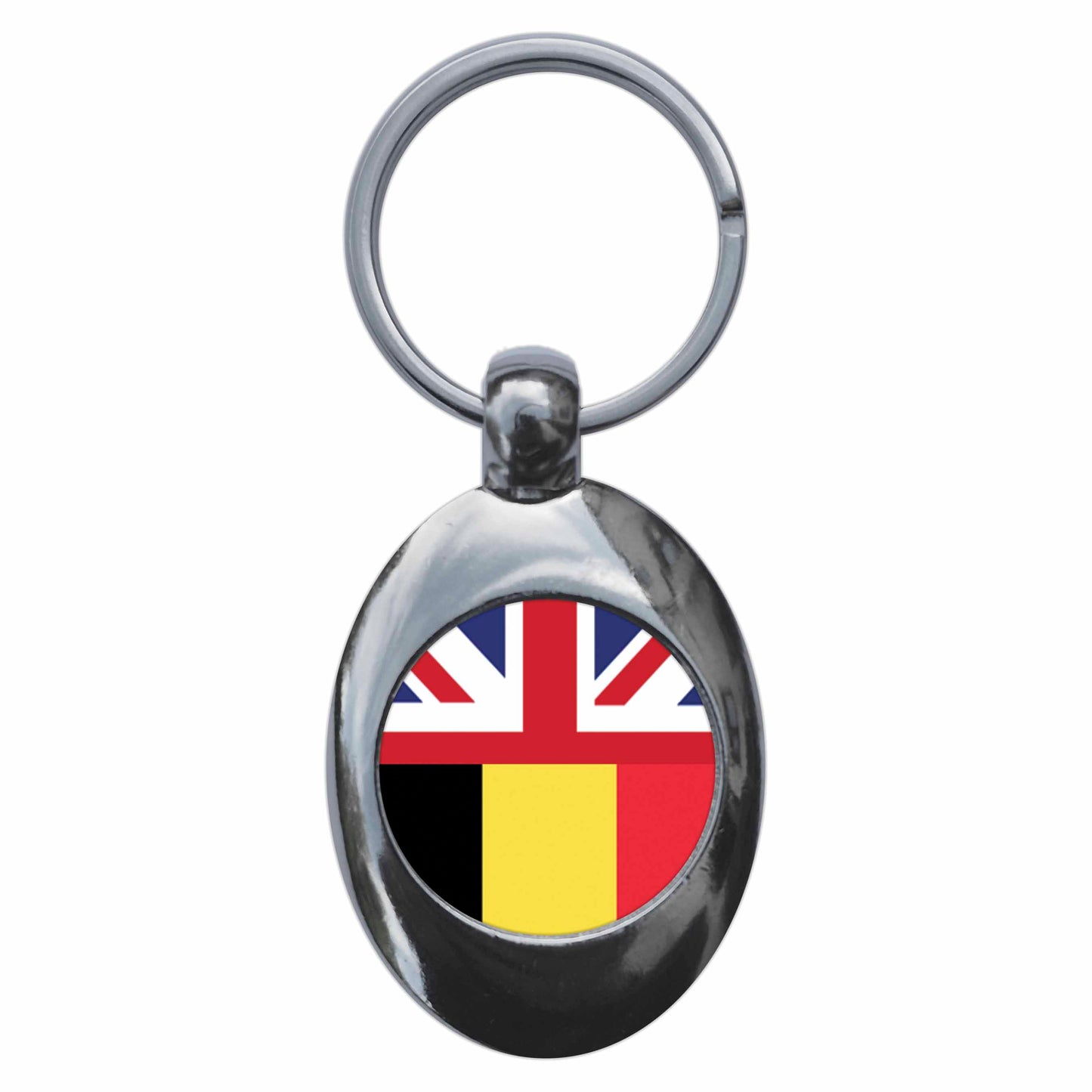 A picture of the front of the product, titled Belgium United Kingdom Split Flag Metal Keyring With Trolley Coin