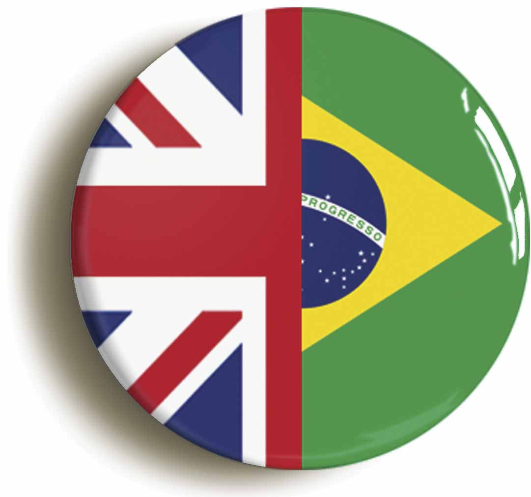 A picture of the front of the product, titled Brazil United Kingdom Split Flag Button Pin Badge