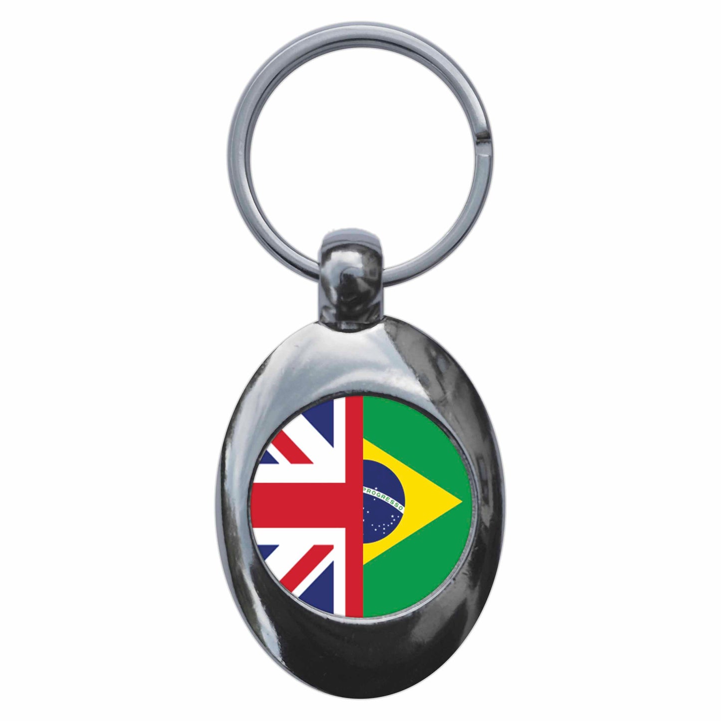 A picture of the front of the product, titled Brazil United Kingdom Split Flag Metal Keyring With Trolley Coin