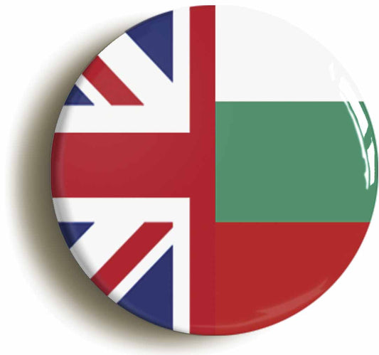 A picture of the front of the product, titled Bulgaria United Kingdom Split Flag Circular 50mm Fridge Magnet