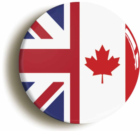 A picture of the front of the product, titled Canada United Kingdom Split Flag Button Pin Badge