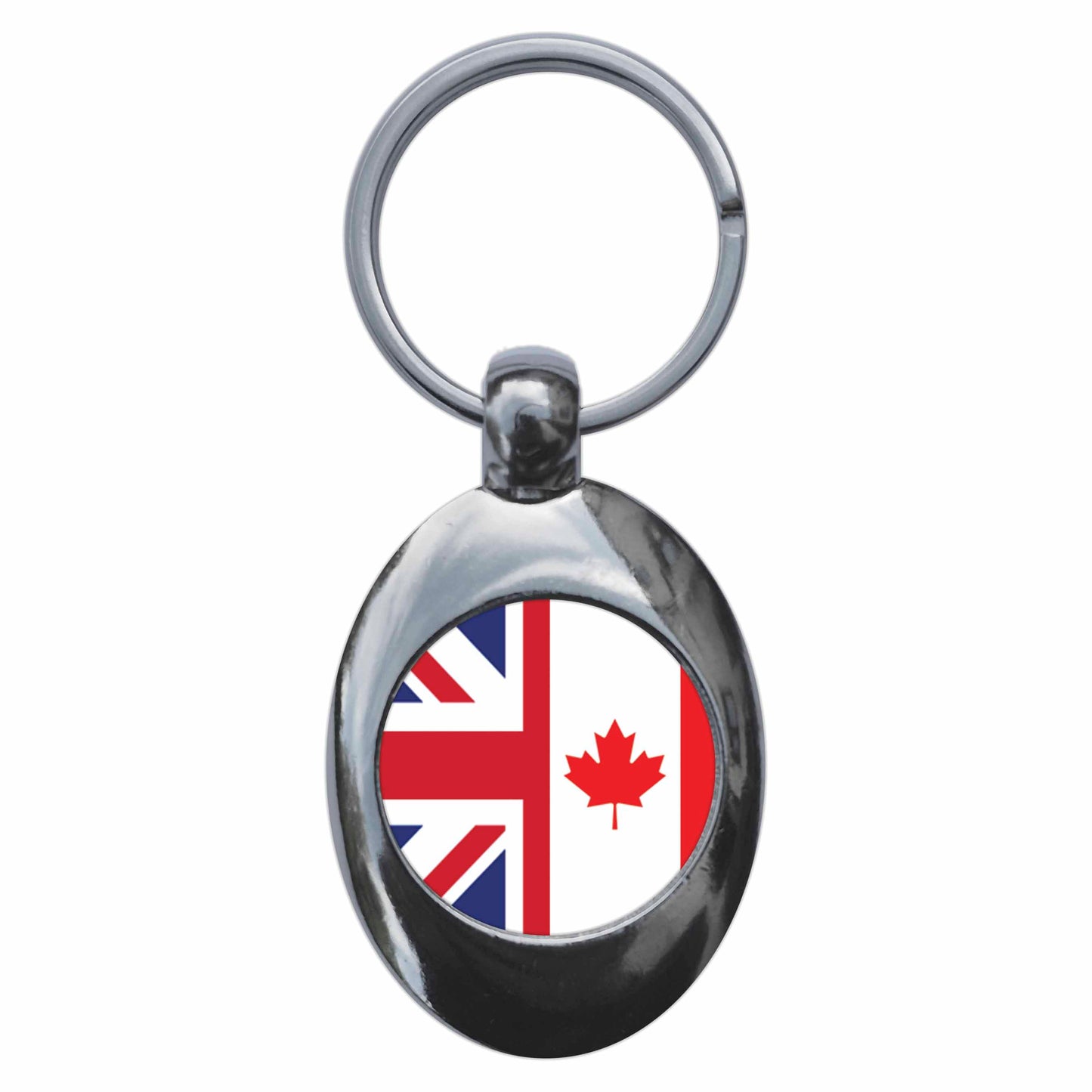 A picture of the front of the product, titled Canada United Kingdom Split Flag Metal Keyring With Trolley Coin
