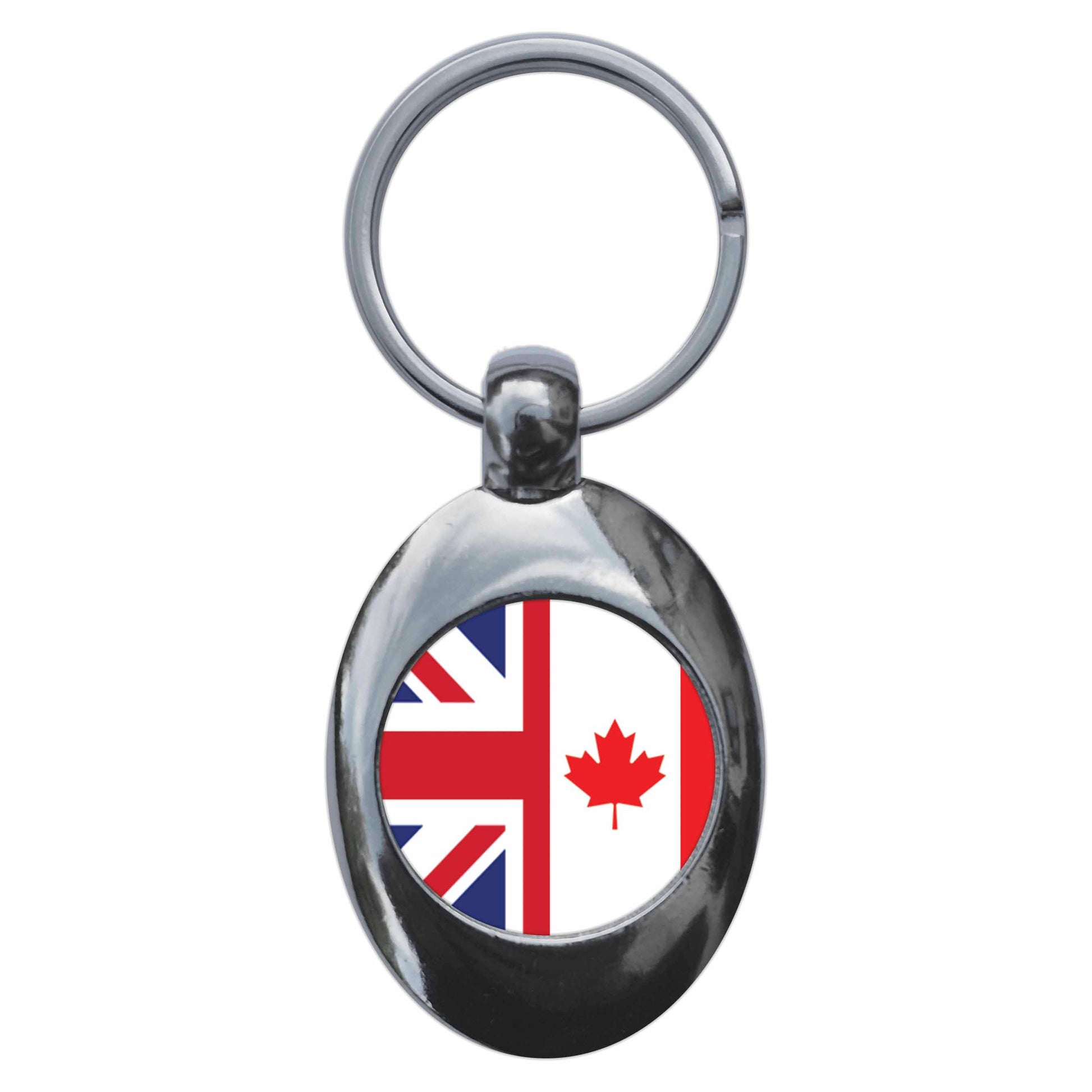 A picture of the front of the product, titled Canada United Kingdom Split Flag Metal Keyring With Trolley Coin