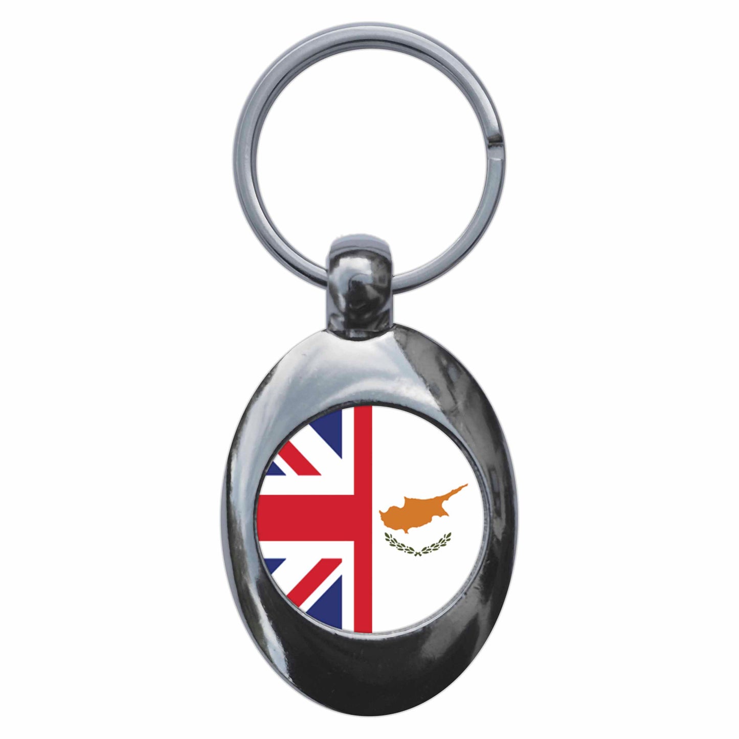 A picture of the front of the product, titled Cyprus United Kingdom Split Flag Metal Keyring With Trolley Coin
