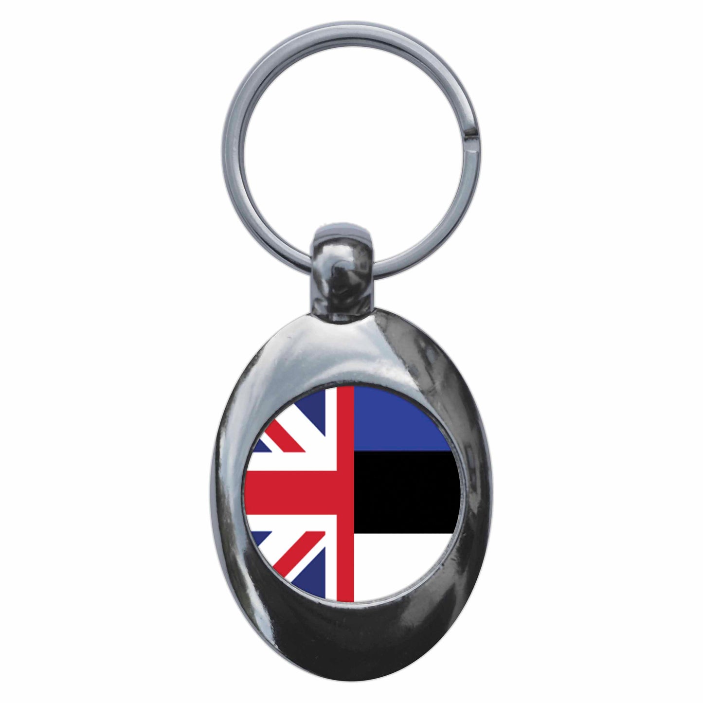 A picture of the front of the product, titled Estonia United Kingdom Split Flag Metal Keyring With Trolley Coin