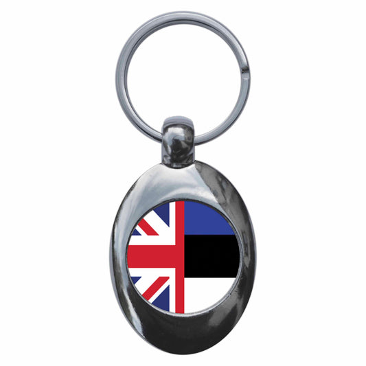 A picture of the front of the product, titled Estonia United Kingdom Split Flag Metal Keyring With Trolley Coin