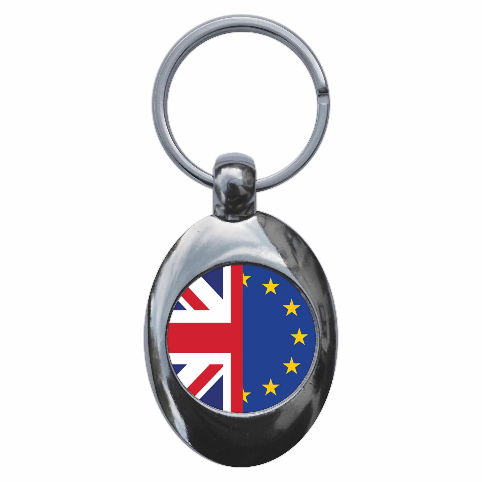 A picture of the front of the product, titled European Union United Kingdom Split Flag Metal Keyring With Trolley Coin