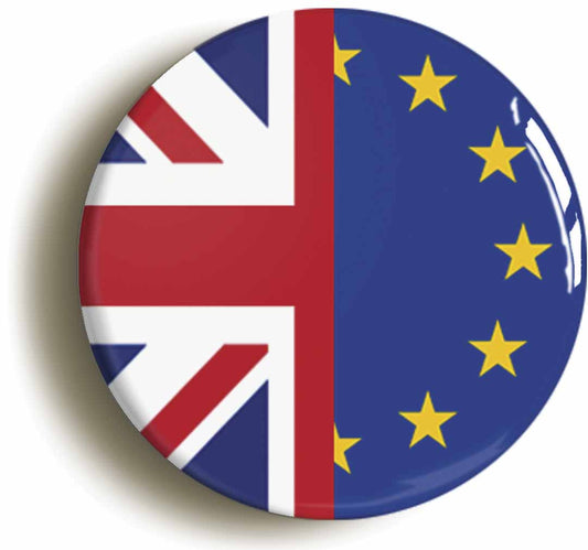 A picture of the front of the product, titled European Union United Kingdom Split Flag Circular 50mm Fridge Magnet