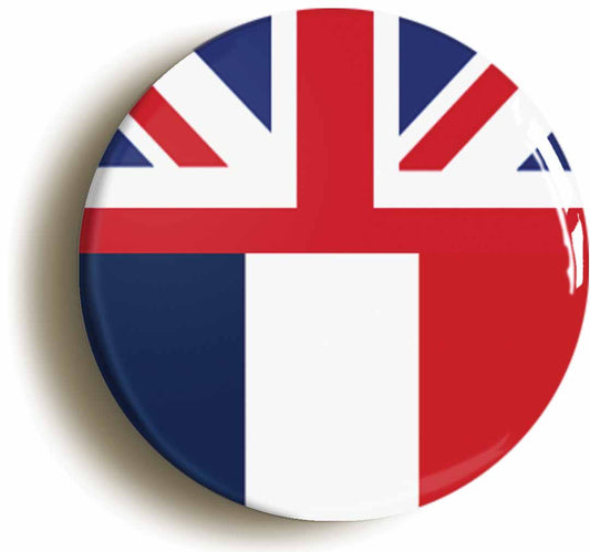 A picture of the front of the product, titled Britain France British French Split Flag Button Pin Badge