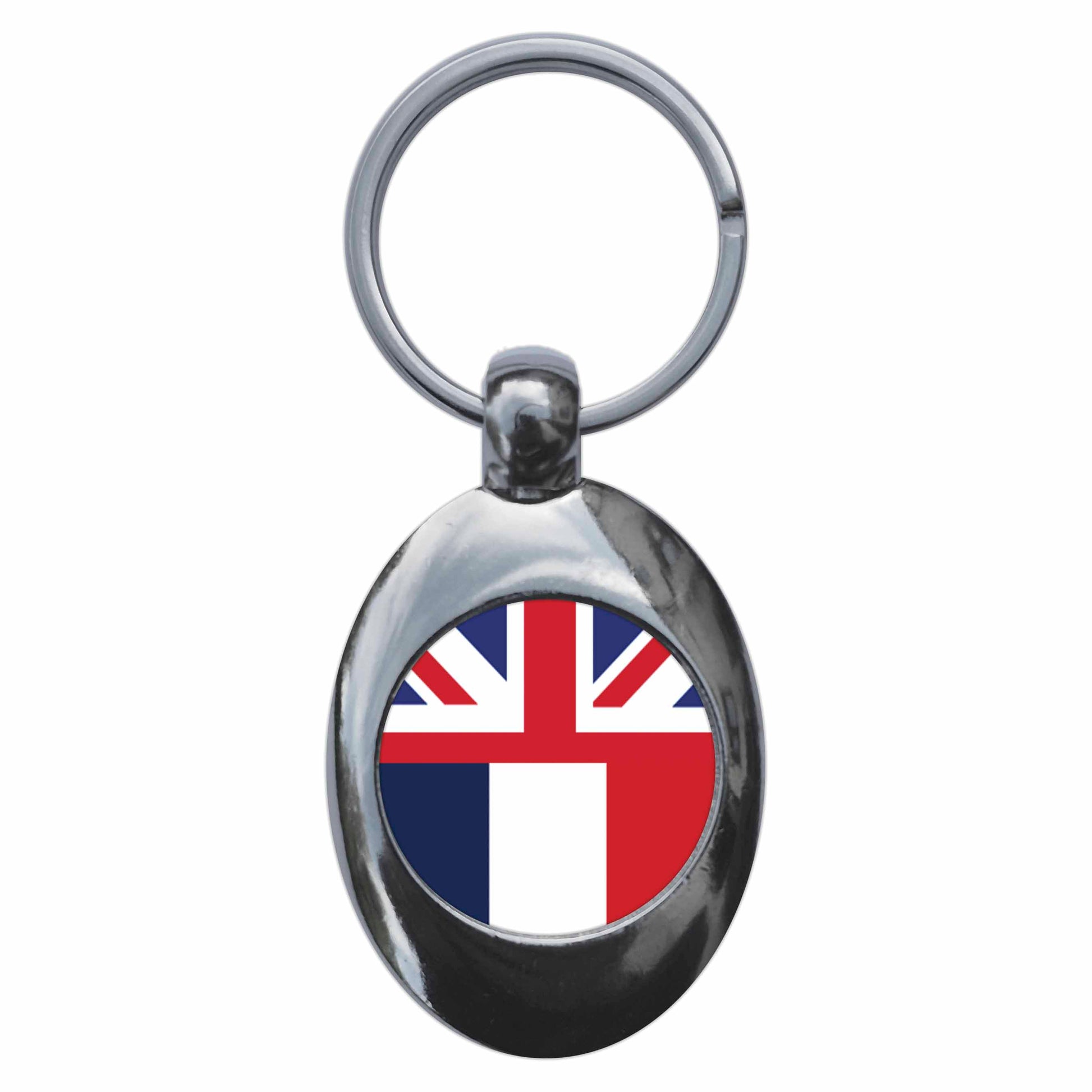 A picture of the front of the product, titled United Kingdom France Split Flag Metal Keyring With Trolley Coin