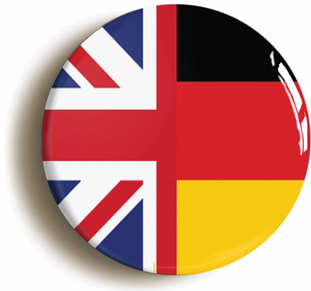 A picture of the front of the product, titled United Kingdom Germany Split Flag Circular 50mm Fridge Magnet