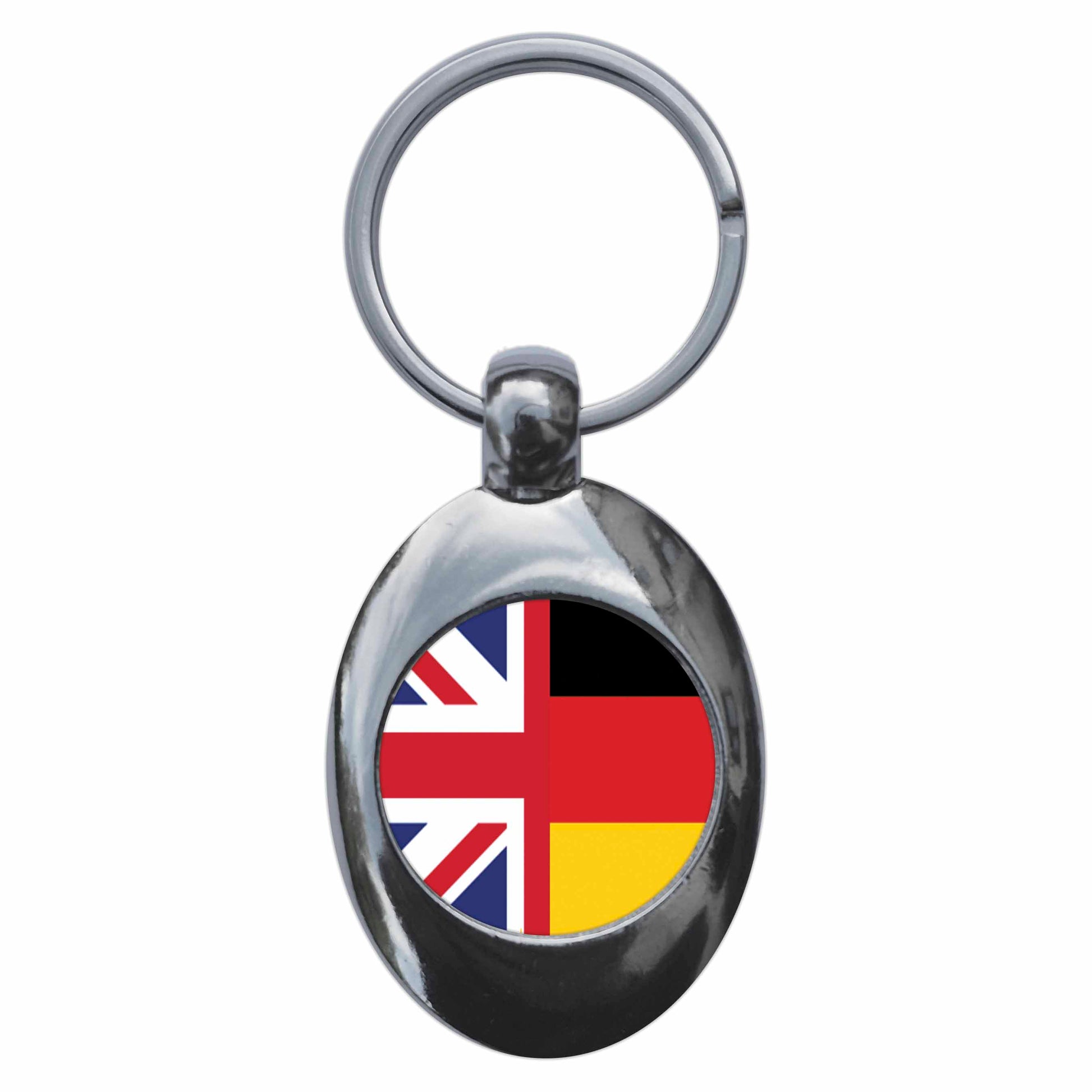 A picture of the front of the product, titled United Kingdom Germany Split Flag Metal Keyring With Trolley Coin