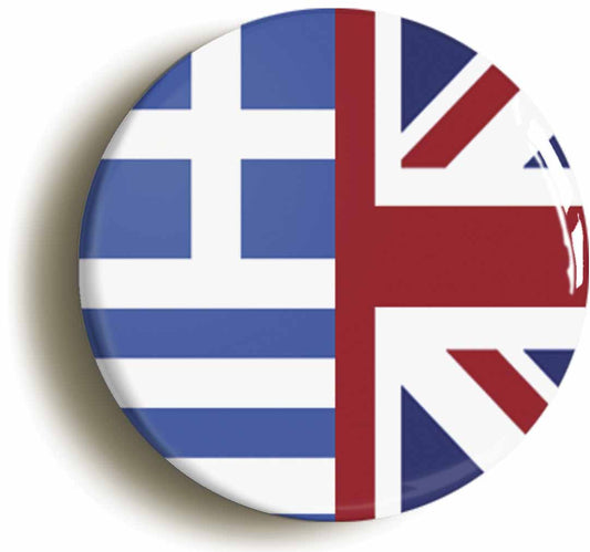 A picture of the front of the product, titled Greece United Kingdom Split Flag Button Pin Badge