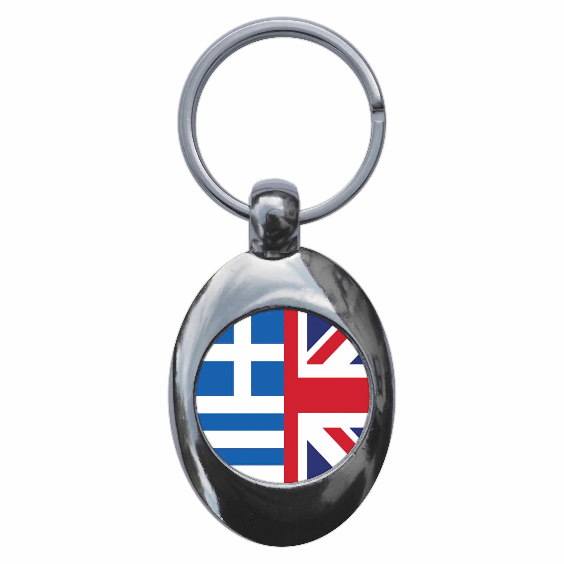 A picture of the front of the product, titled Greece United Kingdom Split Flag Metal Keyring With Trolley Coin