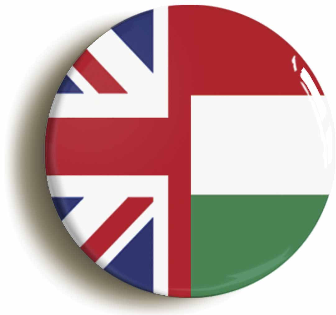 A picture of the front of the product, titled Hungary United Kingdom Split Flag Button Pin Badge