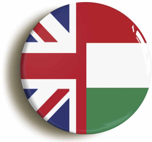 A picture of the front of the product, titled Hungary United Kingdom Split Flag Circular 50mm Fridge Magnet