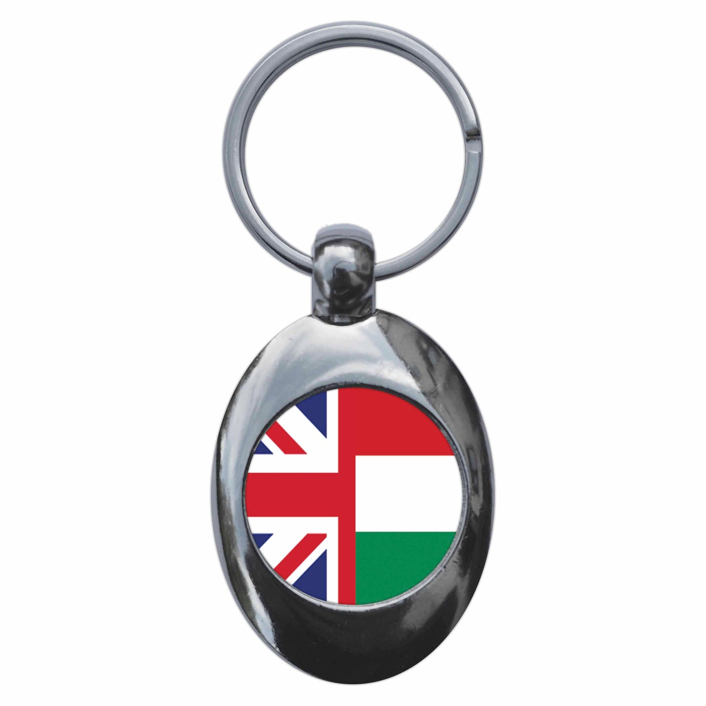 A picture of the front of the product, titled Hungary United Kingdom Split Flag Metal Keyring With Trolley Coin