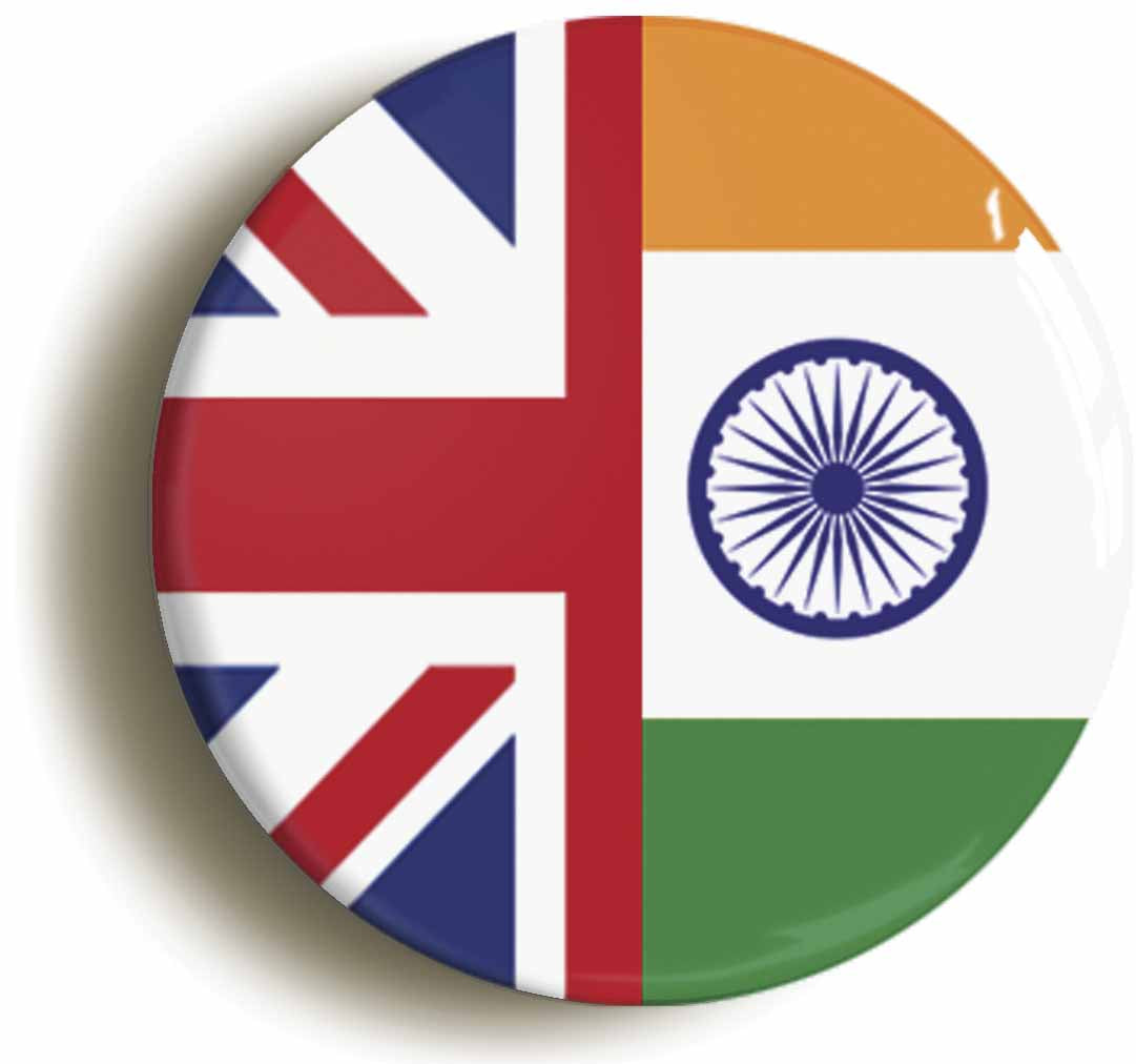 A picture of the front of the product, titled India United Kingdom Split Flag Button Pin Badge