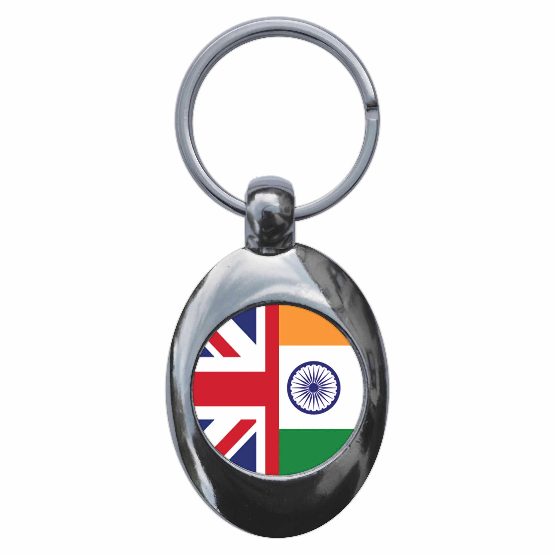 A picture of the front of the product, titled India United Kingdom Split Flag Metal Keyring With Trolley Coin