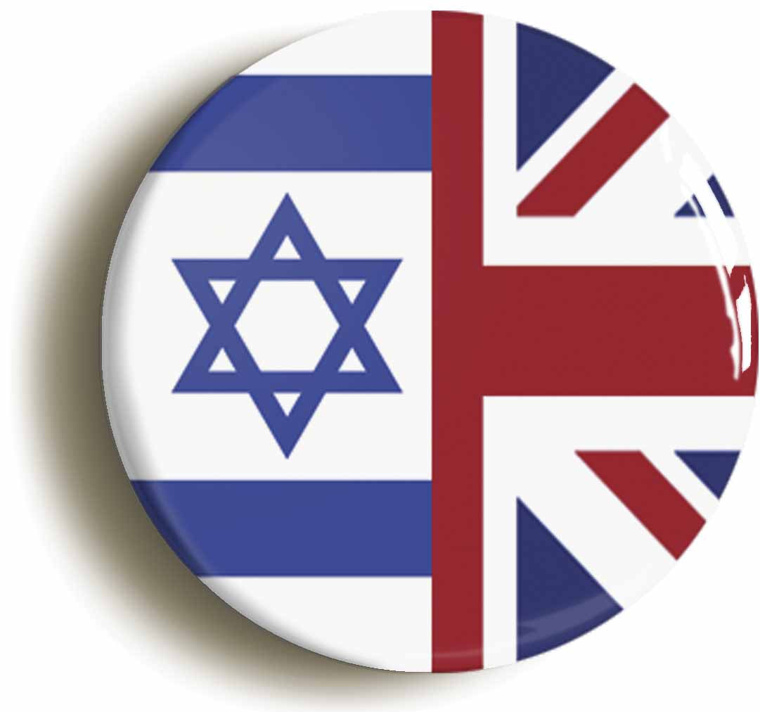 A picture of the front of the product, titled Israel United Kingdom Split Flag Circular 50mm Fridge Magnet